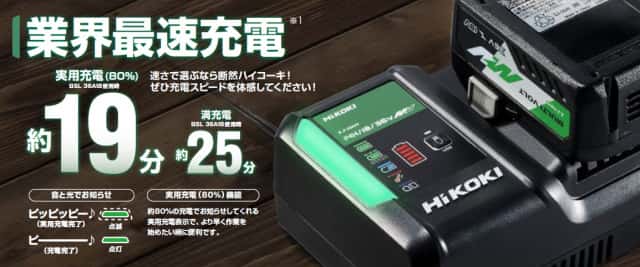 HiKOKI（ハイコーキ）の急速充電器「UC 18YDL2」の充電スピードは実用充電（80％）まで約19分