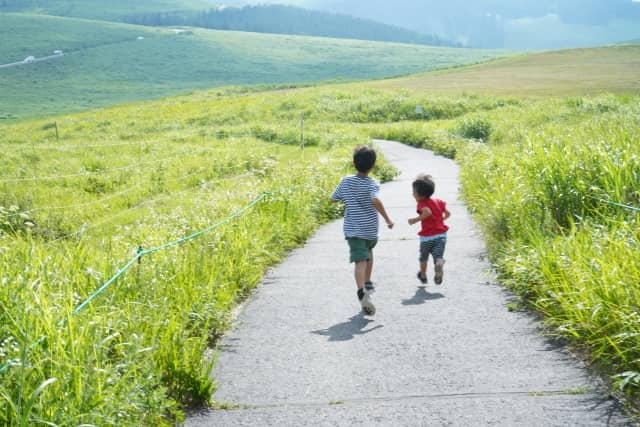 草原を走る子供二人